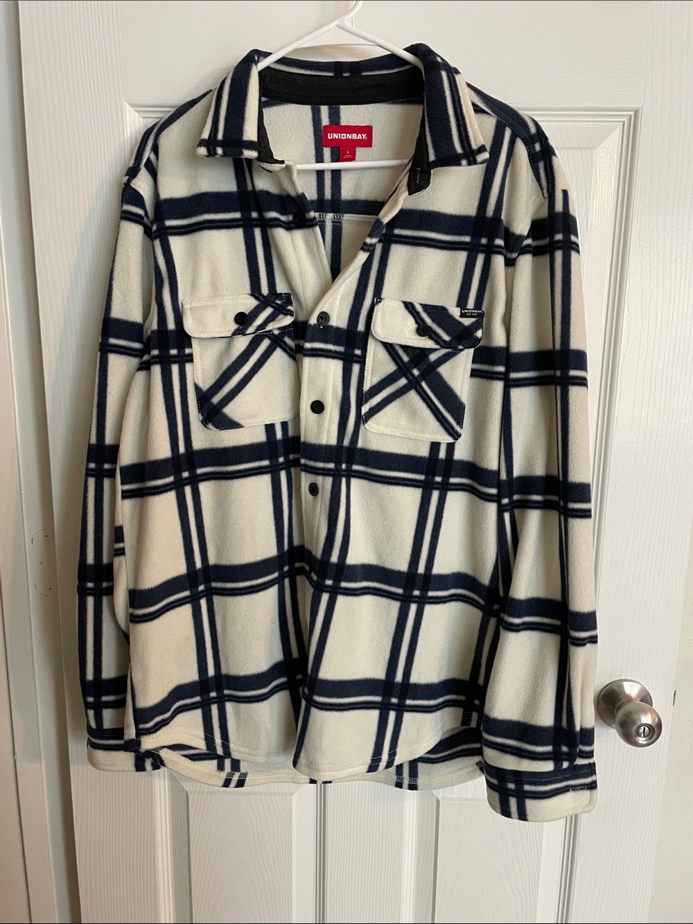 UNIONBAY Cream and Navy Plaid Fleece Shirt Jacket